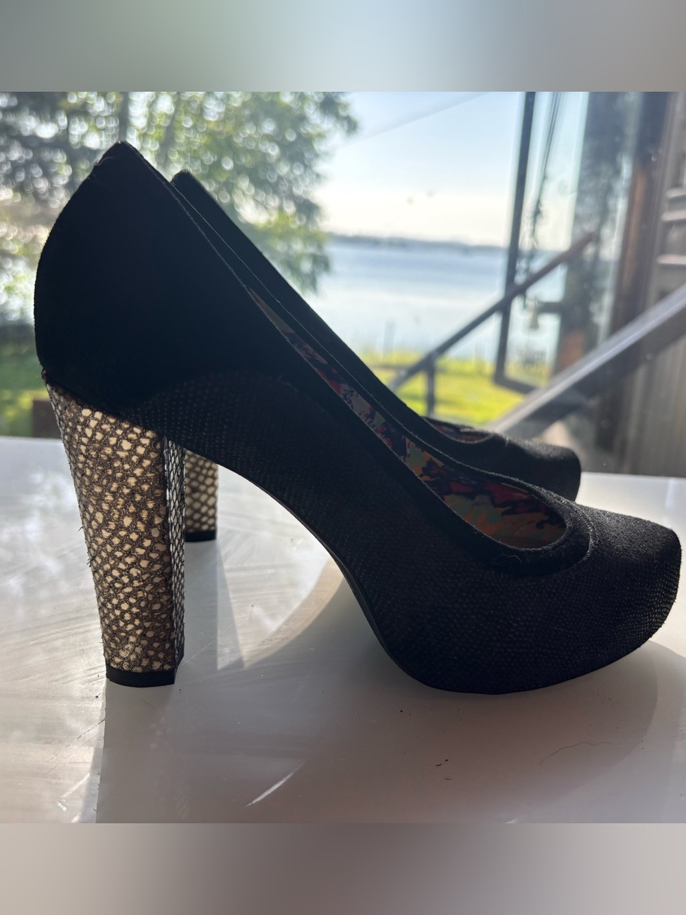 Hush Puppies Black Pumps with Textured Gold Block Heel